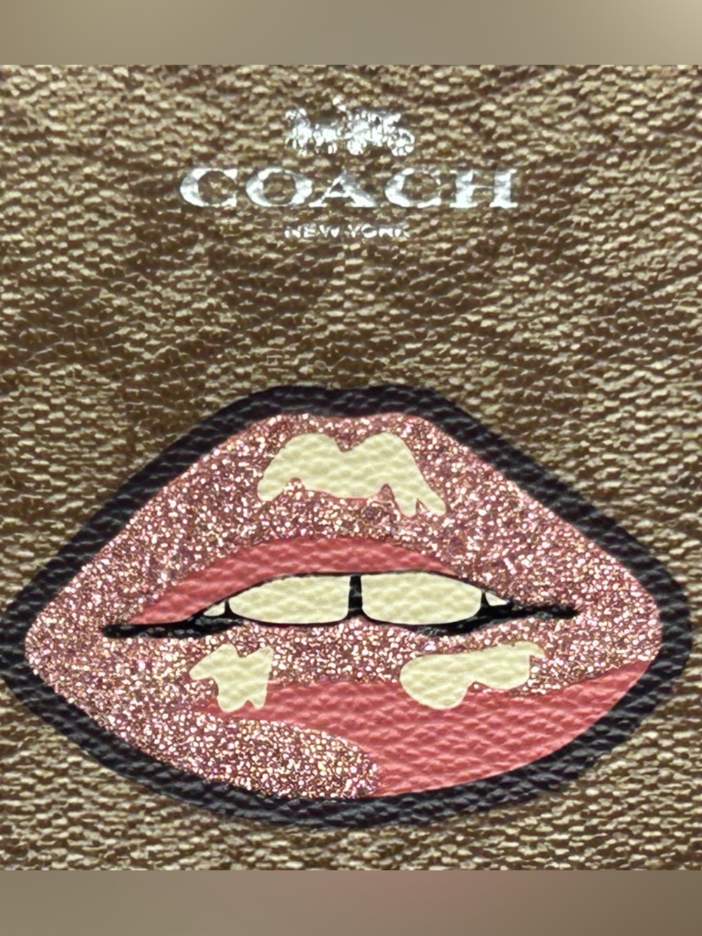 Coach Brown Signature Canvas Wristlet with Pink Lip Patch - Picture 3 of 15